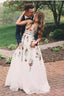 Charming V Neck A-Line Prom Dresses With Embroidery Open Back Prom Dresses