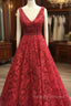 Charming V Neck Sleeveless Prom Prom Gown| Affordable Red Lace Beading Long Prom Gowns