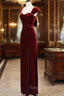Charming Wine Red Velvet Cap Sleeves Long Party Dress, Wedding Party Dresses