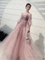 Charminig Pink Tulle Long Sleeves Round Neckline Prom Dress A-Line Pink Prom Dresses With Lace