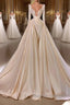 Chic A-Line Cathedral V-Neck Long Wedding Dress With Long Sleeves