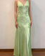 Chic A-Line Prom Dresses Satin Spaghetti Straps Green Vintage Backless Long Prom Dress