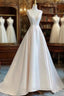Chic Ball Gown V neckline Sleeveless Ivory Satin Long Wedding Dresses With Bow
