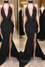 Chic Black High Neck Lace Front Split Mermaid Prom Party Gowns
