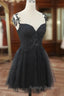 Chic Black Lace Straps Tulle Short Prom Drss, Black Sweetheart Homecoming Dress
