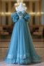 Chic Blue Sweetheart Straps Off Shoulder Tulle Formal Dress, Blue Prom Dress