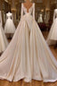 Chic Long A Line Cathedral V Neck Satin Lace Wedding Dresses With Sleeves