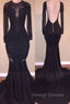 Chic Mermaid Black Long-Sleeves Backless Appliques Prom Prom Gown