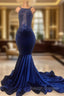 Chic Mermaid Spahgetti-Straps Openback Velvet Applique Prom Gowns