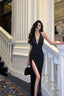 Chic Mermaid V Neckline Backless Black Slit Prom Dresses Birthday Outfits