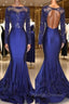Chic Open Back Royal Blue Real Model Prom Dresses Lace Long Sleeves Mermaid Evening Gown