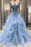 Chic Prom Dress Sweetheart Sky Blue Ruffles Aline Lace Prom Dresses