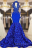 Chic Royal Blue Keyhole Flowers Train High neck Mermaid Prom Prom Gown