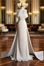 Chic Sheath High neckline Sleeveless Ivory Satin Long Wedding Dresses With Train