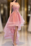 Chic V Neckline Lace Applique Tulle High Low Straps Homecoming Dress, Tulle Short Prom Dress