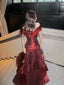 Chic Wine Red Off Shoulder Satin Layers Long Prom Dresses Wine Red V-Neckline Prom Dresses