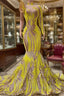 Chic Yellow Long Mermaid High Neck Tulle Lace Prom Dress with Sleeves