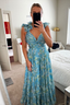 Blue Elegant Chiffon Floral Long Prom Dress Evening Gown Garden Party Dress