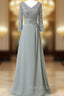 Chiffon Lace 3/4 Sleeve Double V Neck Grey Beading Mother of the Bride Dresses