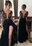 Chiffon Long/Floor-Length A-Line/Princess Full/Long Sleeve Bateau Zipper Up At Side Prom Dresses With Appliqued