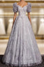 Classic Gray Tulle Sequins Short Sleeve Beading Prom Dress