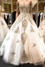 Classic Sweetheart Gold Lace Wedding Dress Sparkly Ball Gown Bridal Dresses
