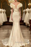 Classic White Mermaid V-Neck Satin Pearl Ruffle Prom Dresses Long Elegant Prom Dresses