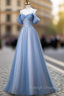 Classy A Line Spaghetti Straps Long Prom Dress Blue Prom Dresses