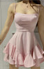 Classy A-Line Spaghetti Straps Pink Satin With Ruffle Hem Short Homecoming Dresses 18Th Birthday Outfits