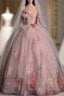 Classy Ball Gown Sweetheart Pink Floral Tulle Long Evening Dress Prom Dresses