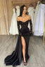 Classy Long Black Off-the-Shoulder Lace Mermaid Long Sleeves Prom Prom Gown Long Slit Online