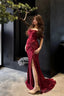 Classy Mermaid Off The Shoulder Red Satin Long Prom Gown Split Prom Dresses