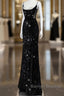 Classy Mermaid Spaghetti Straps Black Sequin Slit Long Evening Gowns Prom Dress