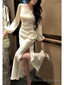 Classy Mermaid Square Neckline Long Sleeves Slit Prom Dresses Prom Gown