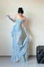 Classy Mermaid Strapless Lace Blue Long Prom Gown Split Prom Dresses