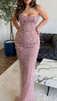 Classy Mermaid Strapless Tulle Pink Long Prom Dresses Prom Dress With Beads