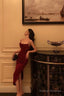 Classy Sheath Spaghetti Straps Red Slit Prom Dresses Birthday Outfits