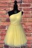 Classy Yellow One Shoulder Short Formal Gowns with Beading