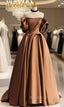 Coffee Satin Off the Shoulder Pleats Prom Dress