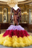 Colorful Mermaid Sequins Tulle Long Sleeve V Neck Prom Dress