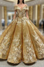 Come In a Wide Variety Of On-Trend Styles, Gold Ball Gown Sequins Off the Shoulder Appliques Prom Dress