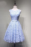 Crew Knee-Length Open Back Appliques Blue Lace Homecoming Dresses