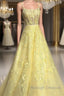 Custom Made Backless Yellow Lace Floral Long Prom Dresses Yellow Lace Prom Graduation Prom Dresses
