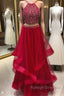 Custom Made Beaded Red Halter Two Piece Prom Dress