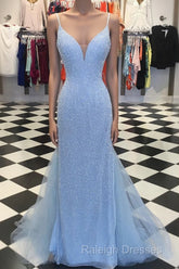 Custom Made Blue V Neck Mermaid Prom Dresses, Mermaid Formal Dresses, Blue Evening Dresses