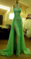 Custom Made Crystal Prom Dress Green High Neck Lace Prom Dress With Slit Mermaid Crystal Beaded Prom Dress