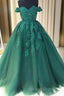 Custom Made Off Shoulder Emerald Green Lace Prom Dresses, Green Formal Dresses, Lace Prom Gown