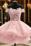 Custom Made Off Shoulder Pink Lace Short Prom Dresses, Pink Lace Bridesmaid Dresses, Homecoming Dresses