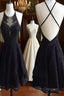 Custom Made Round Neck Backless Short Black Lace Prom Dresses, Short Black Lace Formal Dresses