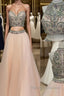 Custom Made Two Pieces High-Neck Beaded Pink Tulle Prom Dresses, Pink Evening Dresses